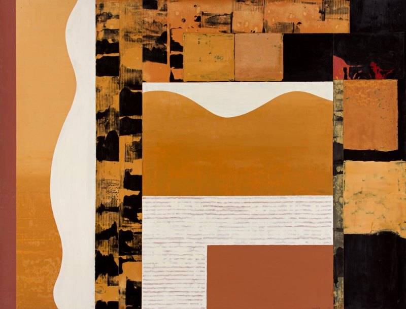 52-op02, oil, collage on paper, 38 x 50 in.