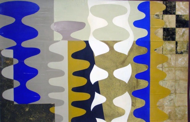 95-op98-04JL, oil, collage on paper, 28 x 43 in.