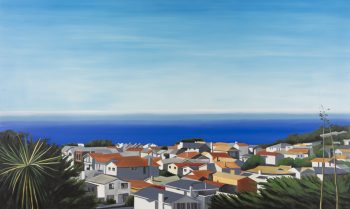 SHELTERS, PACIFICA, oil on canvas, 72 x 120 in. Fresno Art Museum