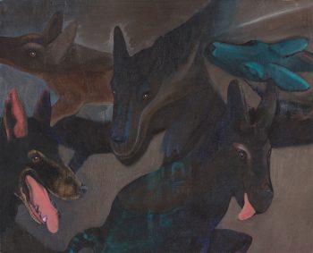 DOGS SWIMMING, brown, 12 x 16 in.