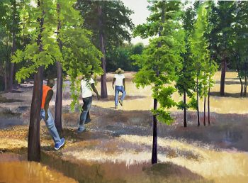 WALKING AMONG OAKS, oil on canvas, 59 x 80 in.